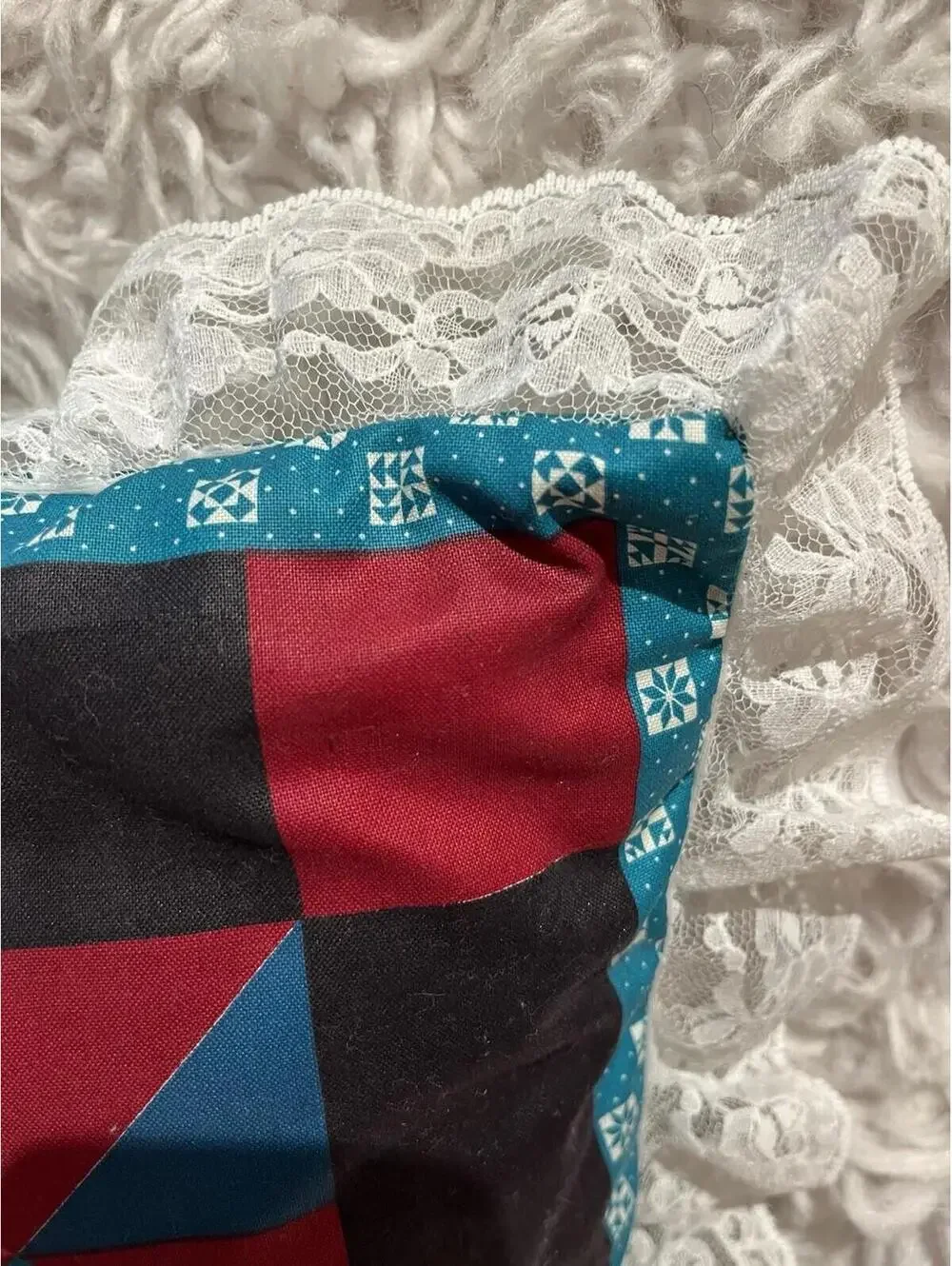 14x14” Tabby Kitty Cat 90s Colorblock Lace Edge Throw Pillow Teal Red Black